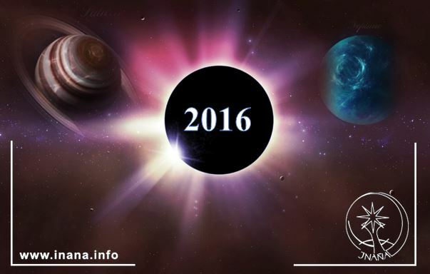 Sonnenfinsternis mit Jahreszahl 2016. Daneben Saturn und Neptun