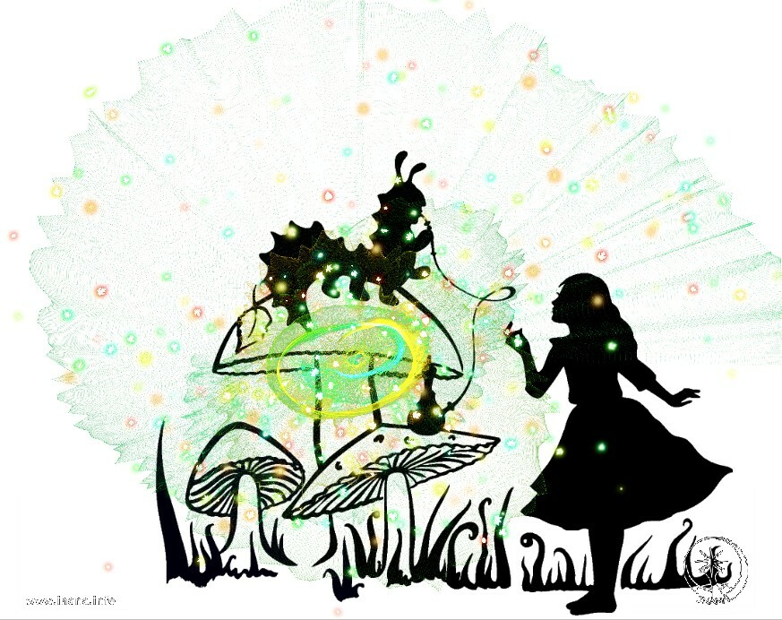 Alice im Wunderland mit Raupe und Pilz