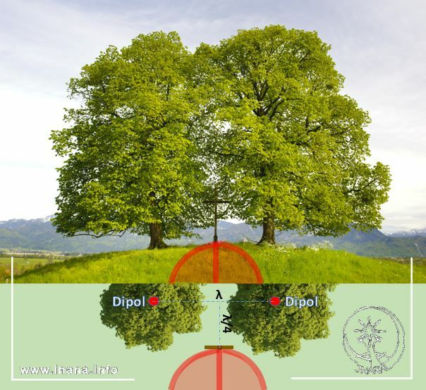 Bild oben: Feldkreuz zwischen zwei Bäumen. Bild unten: schematische Darstellung der antennenphysikalischen Prinzipien