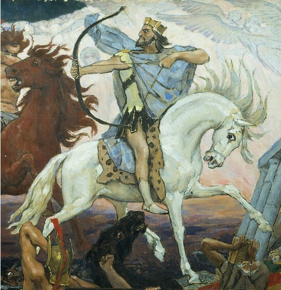 Reiter mit Krone auf weißem Pferd