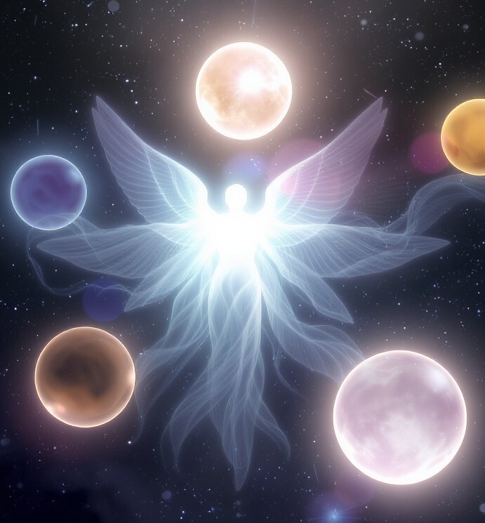 Engel umgeben von 5 Farbkugeln