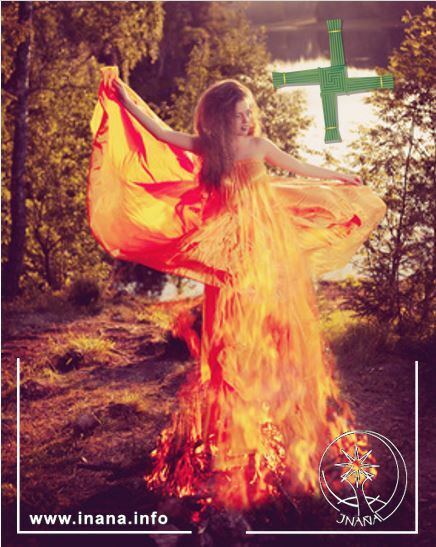 Scheinbar in einer Flamme tanzende Frau. Rechts: Das Brigid-Kreuz