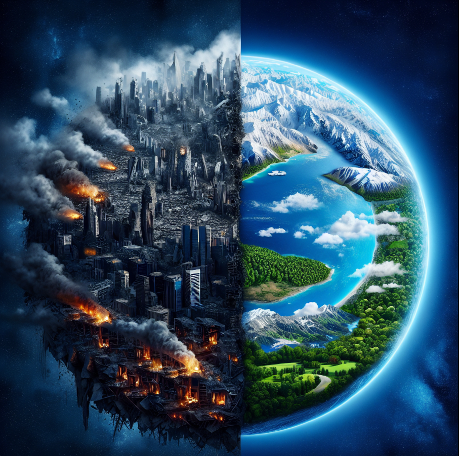 Die Erde in zwei Hälften: Eine friedlich, eine zerstört