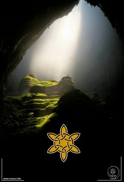 Mensch in Höhle, darunter ein dreifaltiges Symbol