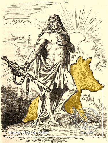 Historische Darstellung: Freyr mit Schwert und Eber bei Sonnenaufgang