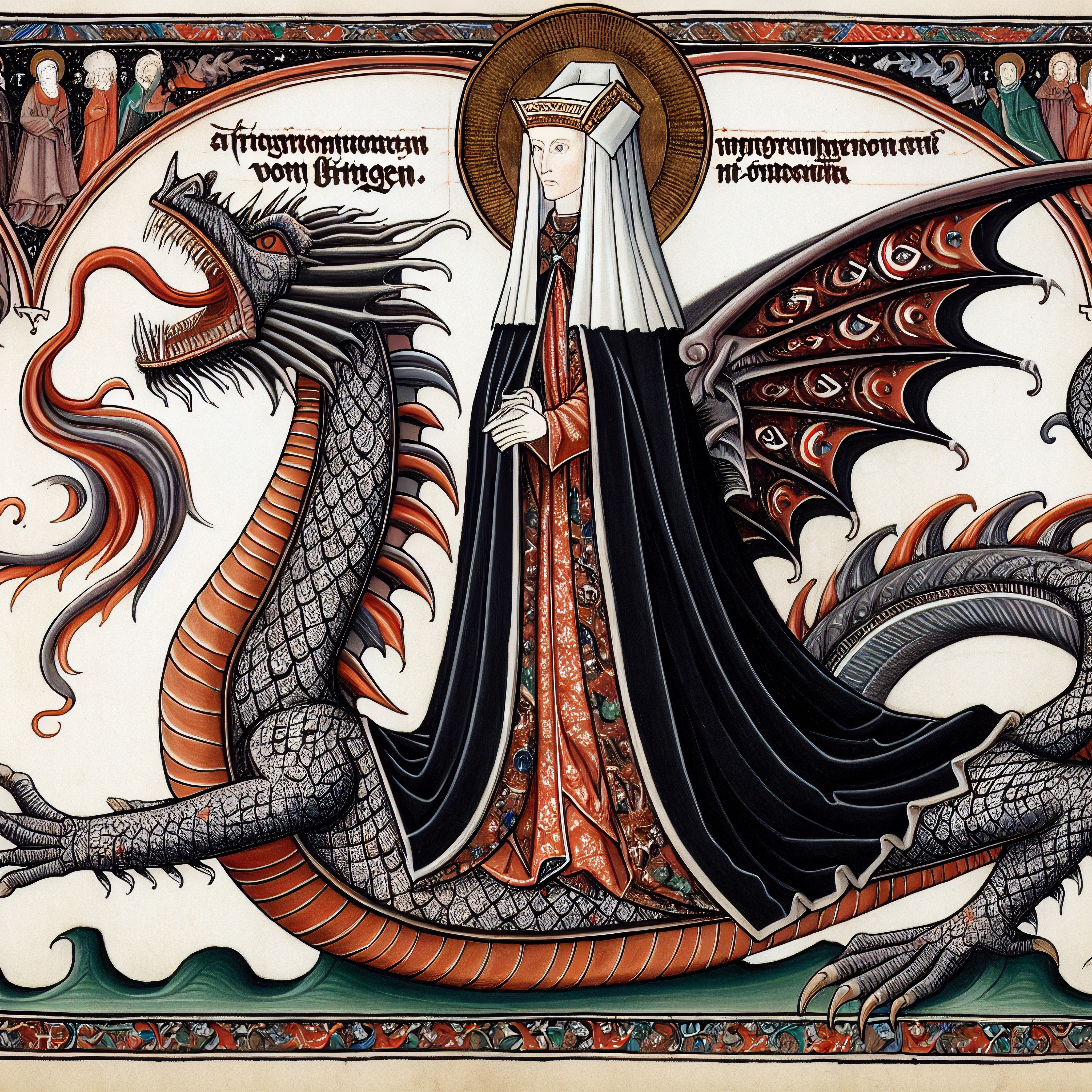Hildegard von Bingen auf einem Drachen