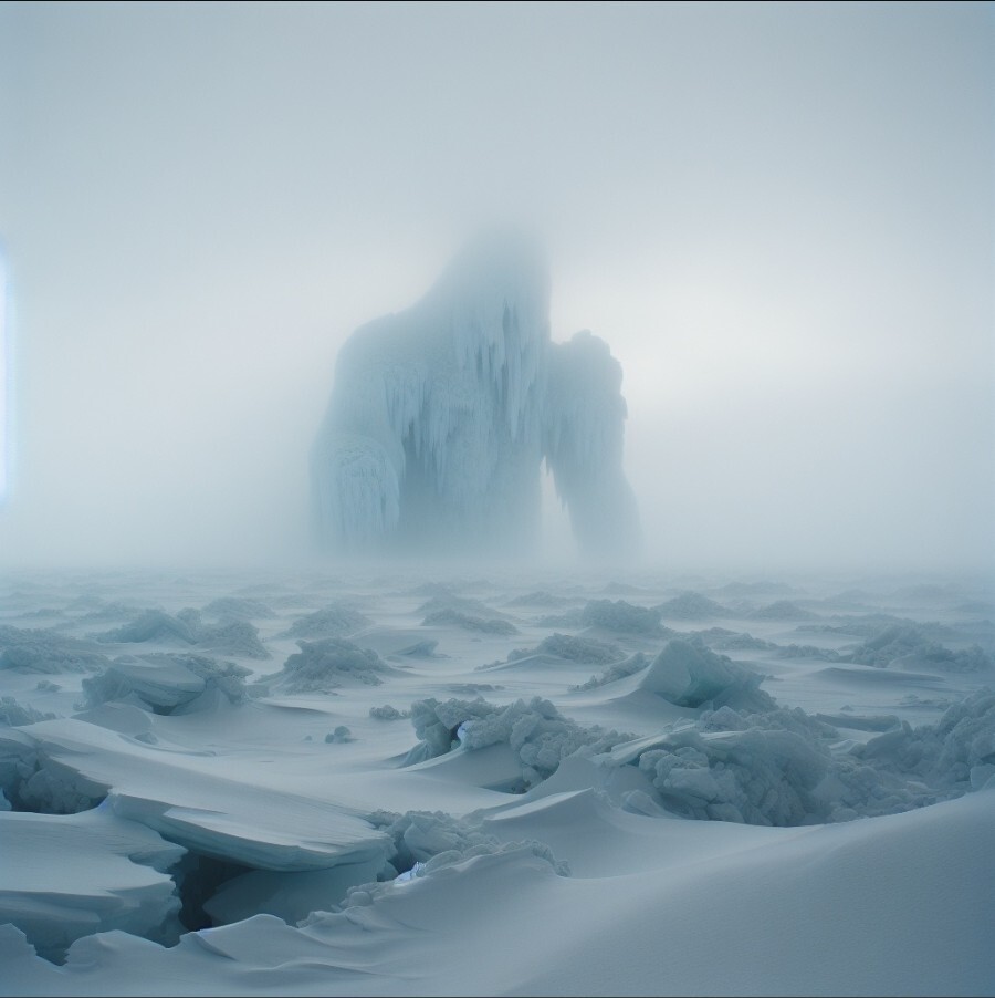 Eiswelt mit Nebel in dem ein Eisriese erahnbar ist