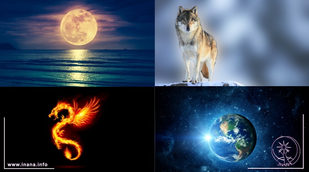4 Bilder: Vollmond, Wolf, Drache, Erde
