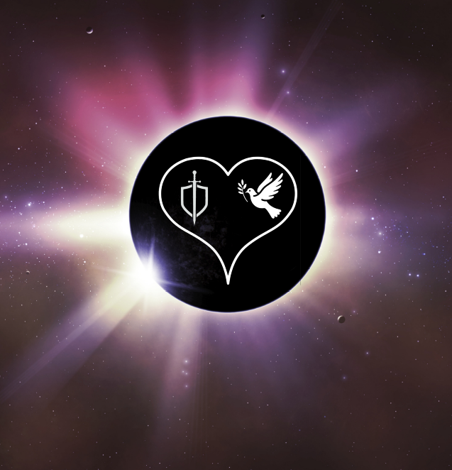 Sonnenfinsternis mit Symbolen Herz, Krieg und Frieden