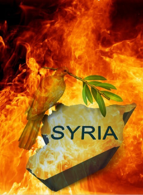 Landesform Syrien mit Friedenstaube in flammendem Inferno