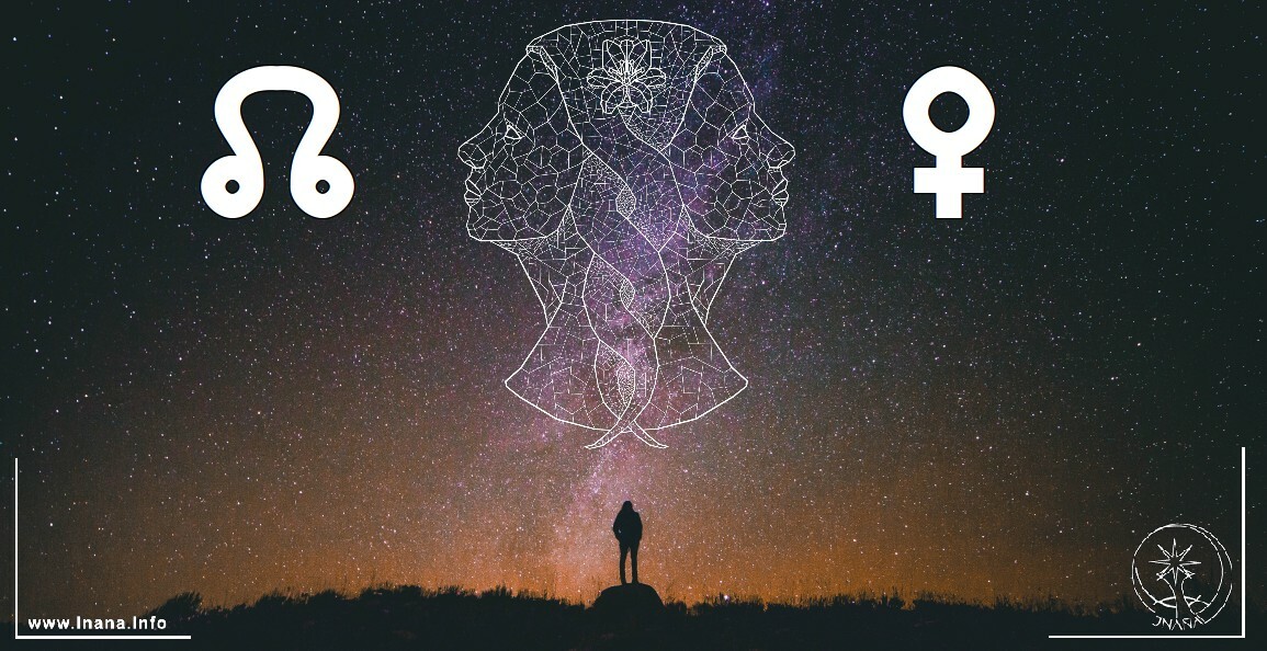 Mensch vor Sternenhimmel mit symbolischem Bild Zwillinge und Zeichen für Mondknoten und Venus