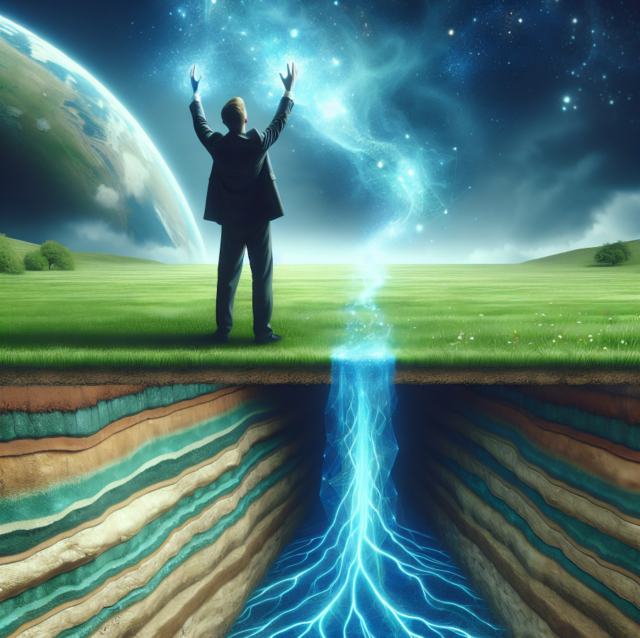 Ein Mann steht über einer Wasserader und verbindet sich energetisch mit den Sternen