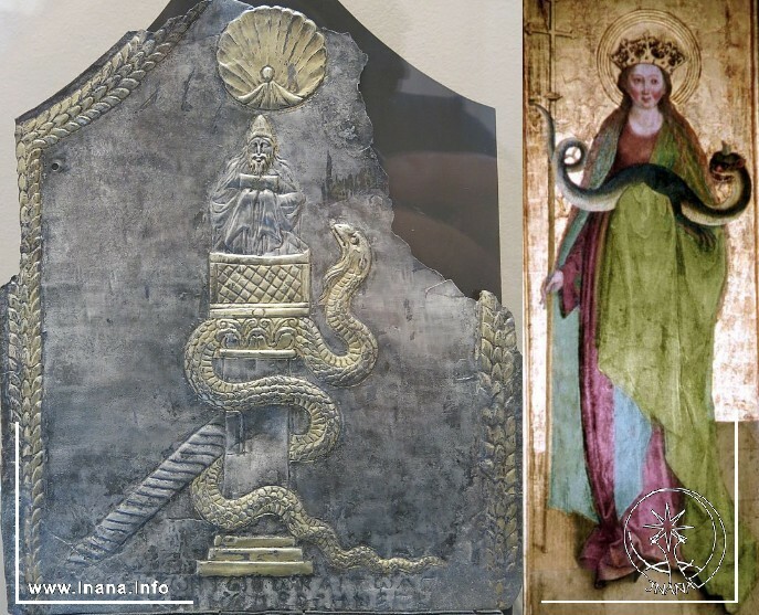 Links: Heiliger Simeon Stylites auf Säule mit Schlange. Rechts: Heilige Margarethe